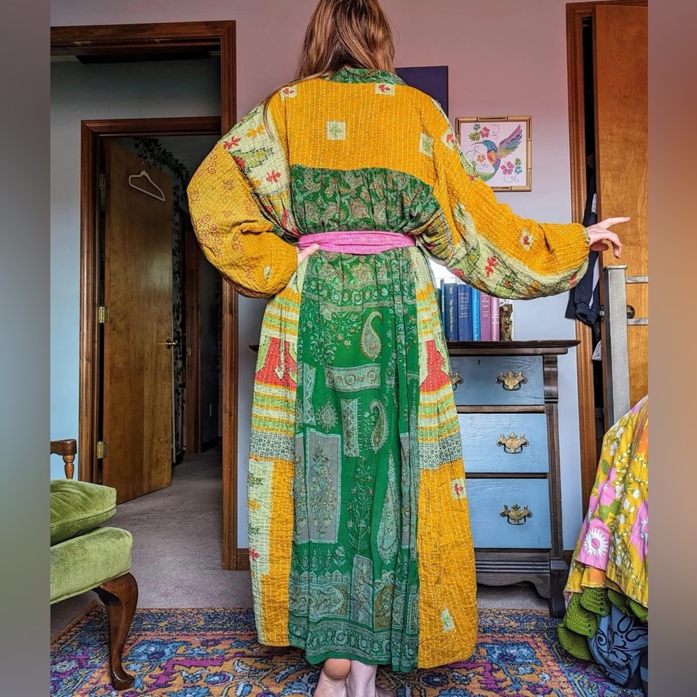 Green and Mustard Patchwork Long Robe with Pink Tie - Boho Lounge Coat